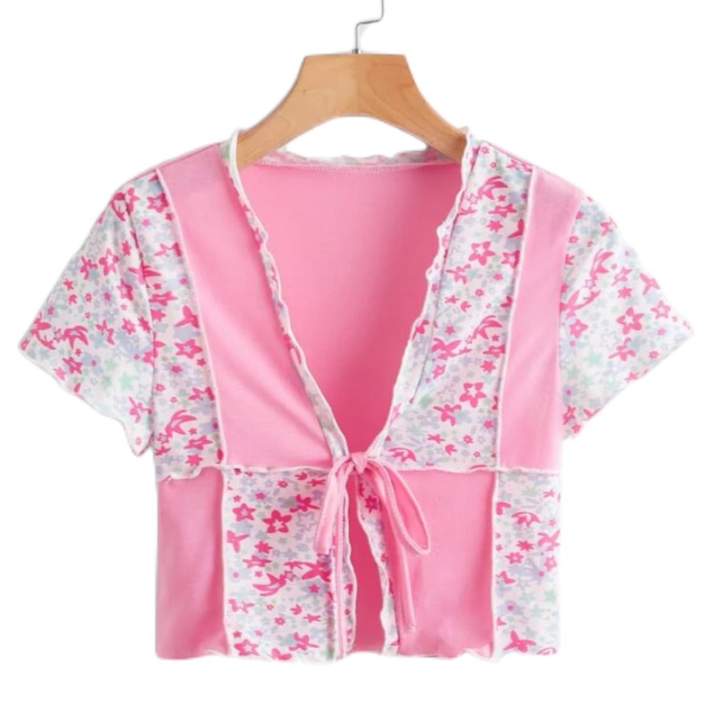 ROMWE - Contrast Ditsy Floral Tie Front Top